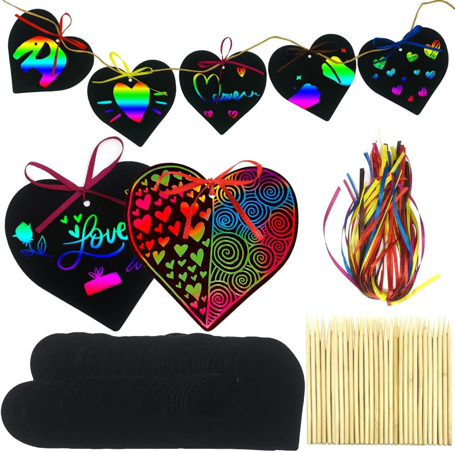 KASTWAVE96 Pieces Scratch Paper Art Rainbow Heart-Shaped Scratch Craft Art with Wooden Styluses and Ribbons for Kids Decorative Arts and Crafts Valentine's Day Wedding