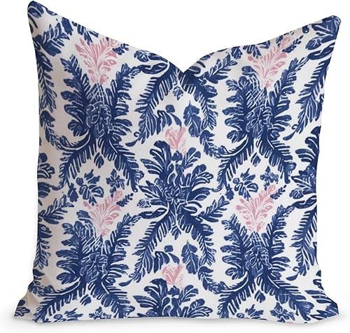 Funda de cojín con diseño de enrejado azul índigo, diseño de flores azul marino, chinoiserie, decoración del hogar, funda de cojín decorativa de