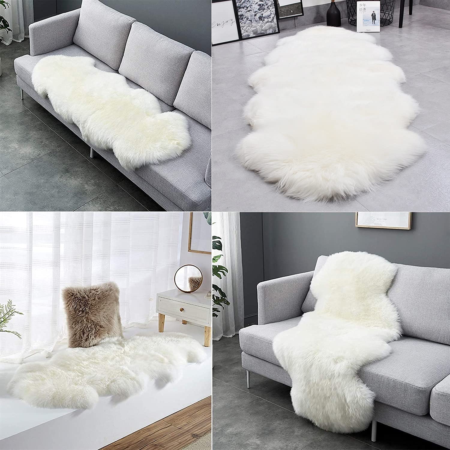 Grand tapis en peau de mouton véritable pour salon, chambre à coucher, blanc (70 x 200 cm)