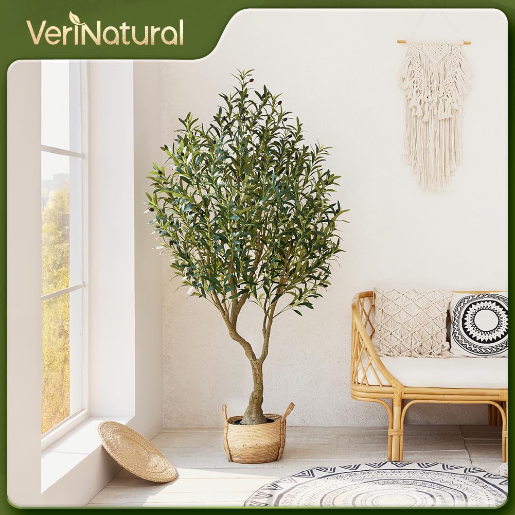VeriNatural Olivenbaum Künstlich Kunstpflanze 180cm Fake Plant Kunststoffpflanzen Künstlicher Pflanzen – 1638 Blätter & 84 Oliven UV-beständig Stabiler Topf – Deko für Wohnzimmer Balkon Büro