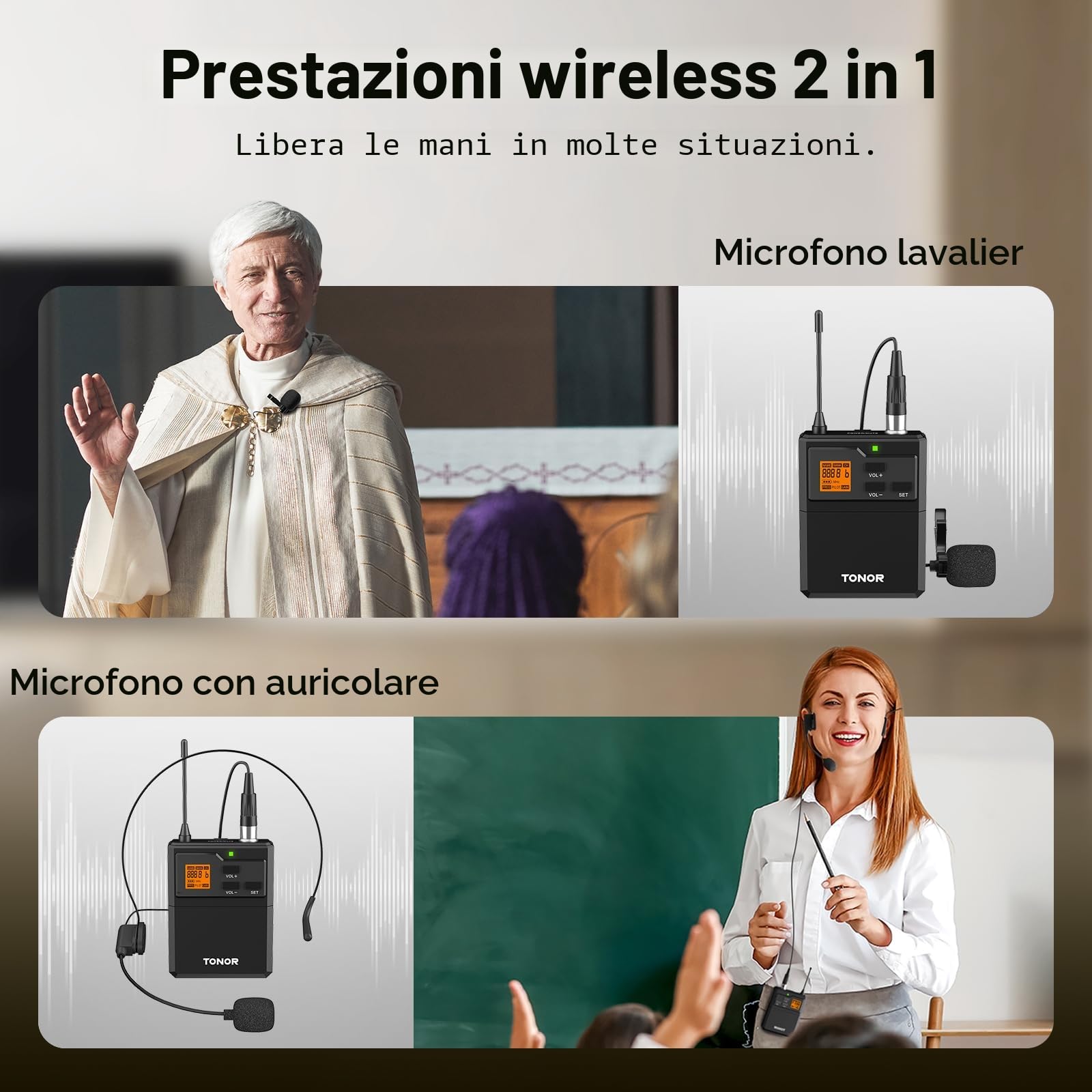 TONOR Microfono Wireless UHF con Archetto e Lavalier Lapel Mic, Bodypack Trasmettitore e Ricevitore Ricaricabile, 60M