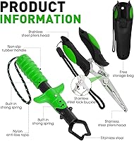 Vista 4 de Kit de herramientas de pesca de 10 piezas, alicates de pesca con cordón y fundas protectoras, salabre, cuchillo de filete, balanza de pescado, Verde