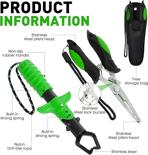 Miniatura 4 de Kit de herramientas de pesca de 10 piezas, alicates de pesca con cordón y fundas protectoras, salabre, cuchillo de filete, balanza de pescado,