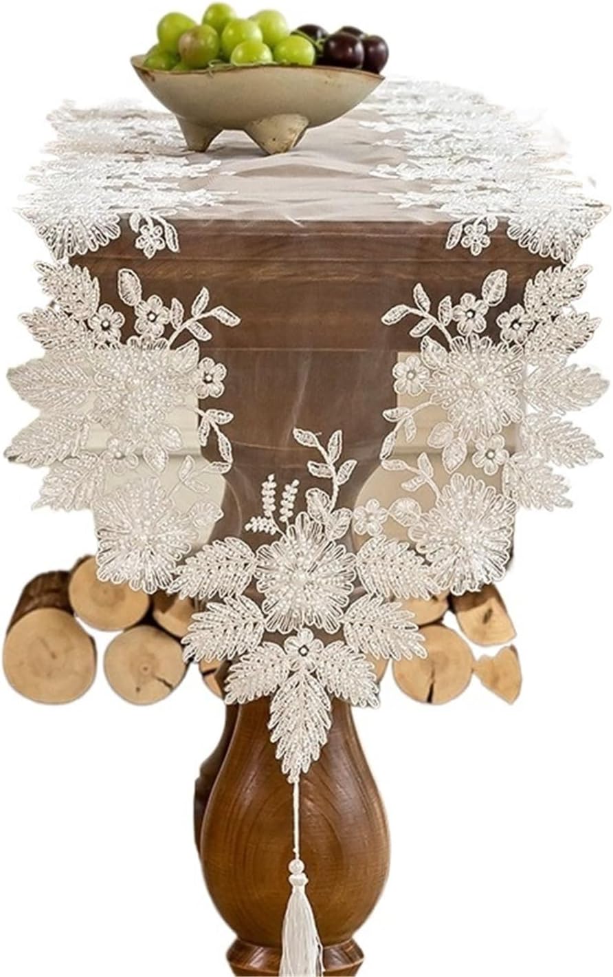 Table Runner for Home Decor Tassels Lace Table Runner with Exquisite Vintage Shabby Chic and Pearl for Holiday Wedding Long Dinner Tables(White,40x120cm)