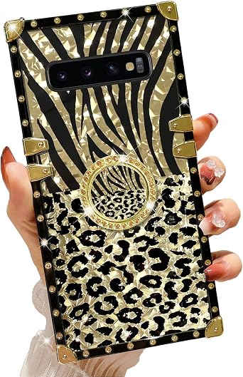 for Samsung Galaxy S10 Plus Phone Case, for Samsung S10 Plus Case with Ring Stand Retro Elegant Luxury Sparkle Leopard Gold Full Protection Protective Phone Cover for Girls Women