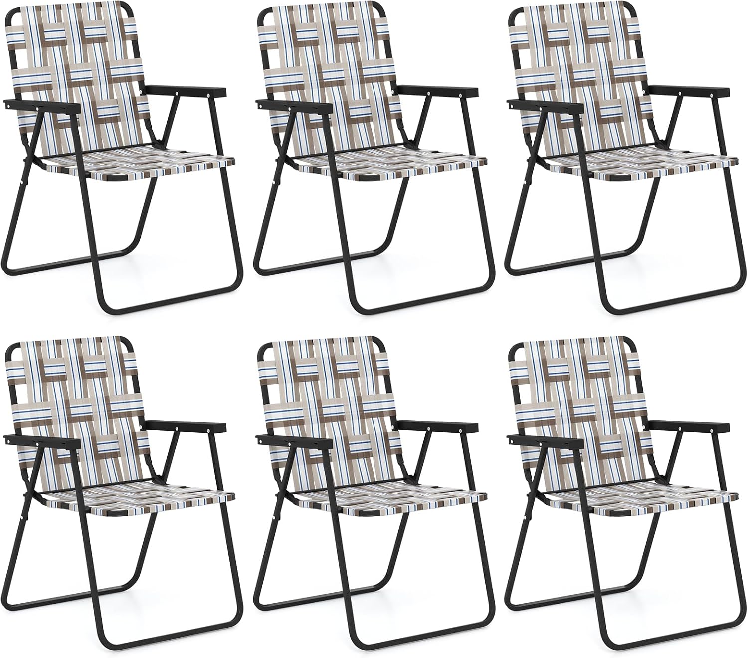 GYMAX Folding Chair, Patio Lawn Chair Set with Armrest, Indoor/Outdoor 6 Pack Webbed Lightweight Dinning Chair, Portable Beach Chair for Outside, Poolside, Backyard (Coffee, 6)