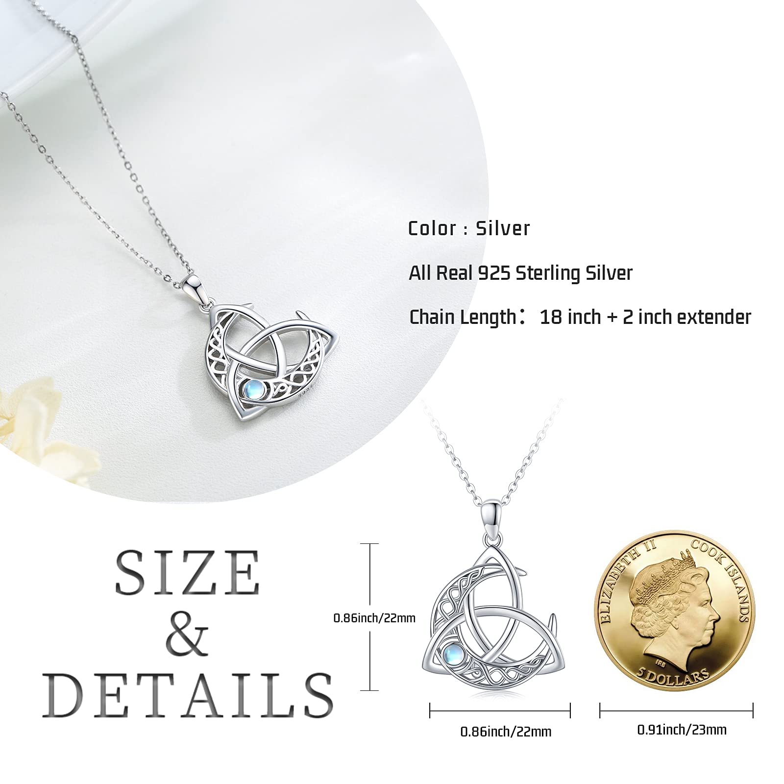 Midir&Etain Keltische Kette 925 Sterling Silber Keltischer Mond Anhänger Halskette Trinity Knot Mondstein Mond Göttin Halskette Schmuck Geschenke für Frauen Damen Mädchen