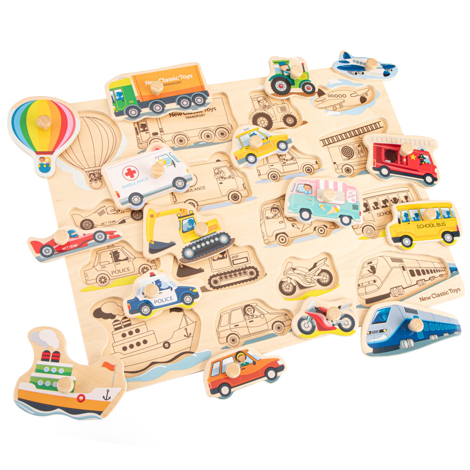 New Classic Toys 10442 Peg Puzzle Transport 16 Pieces FSC 100% Certified Wood