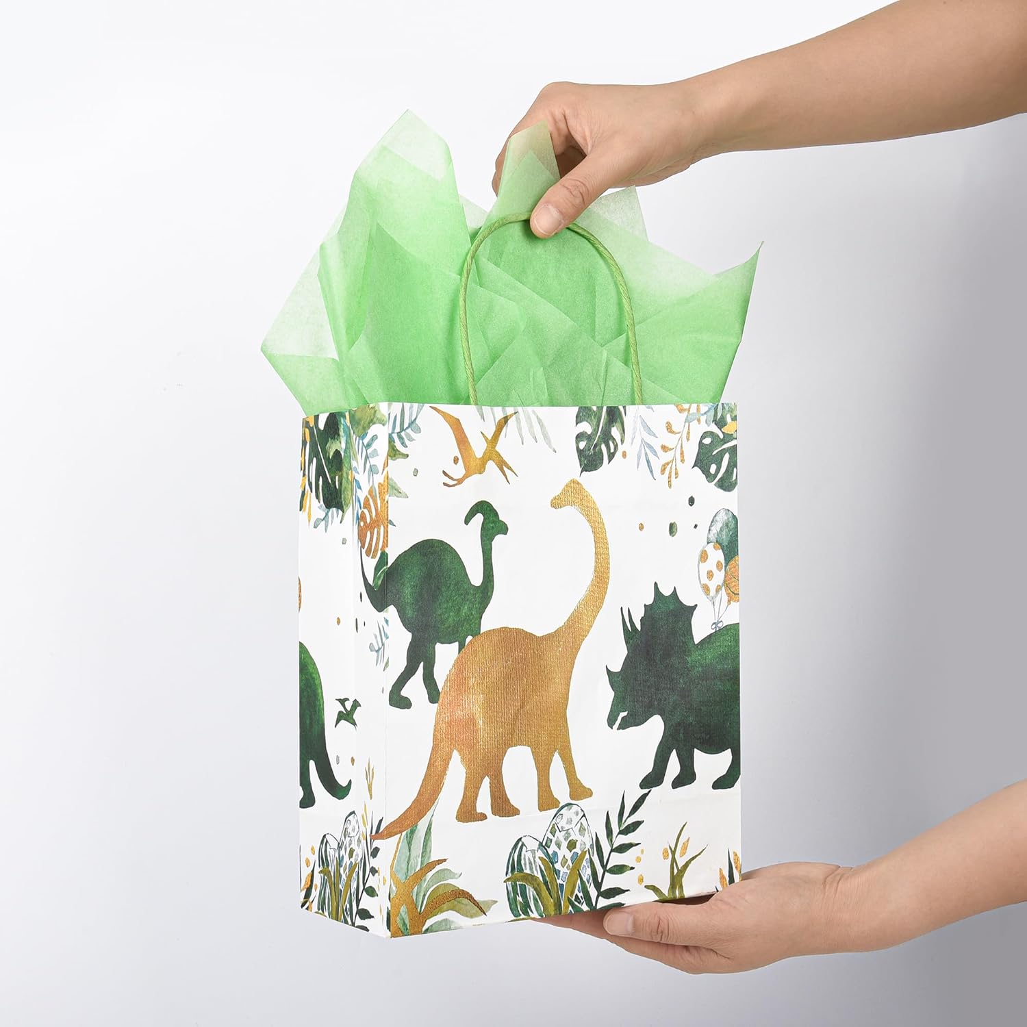 DjinnGlory 36 Pack Medium T-Rex Dinosaur Dino Themed Gift Bags with Handles and Green Tissue Paper for Boys Girls Kids Birthday Party Favors Goodies Treats,10x8x4 Inch (2 Assorted Designs) - Image 7