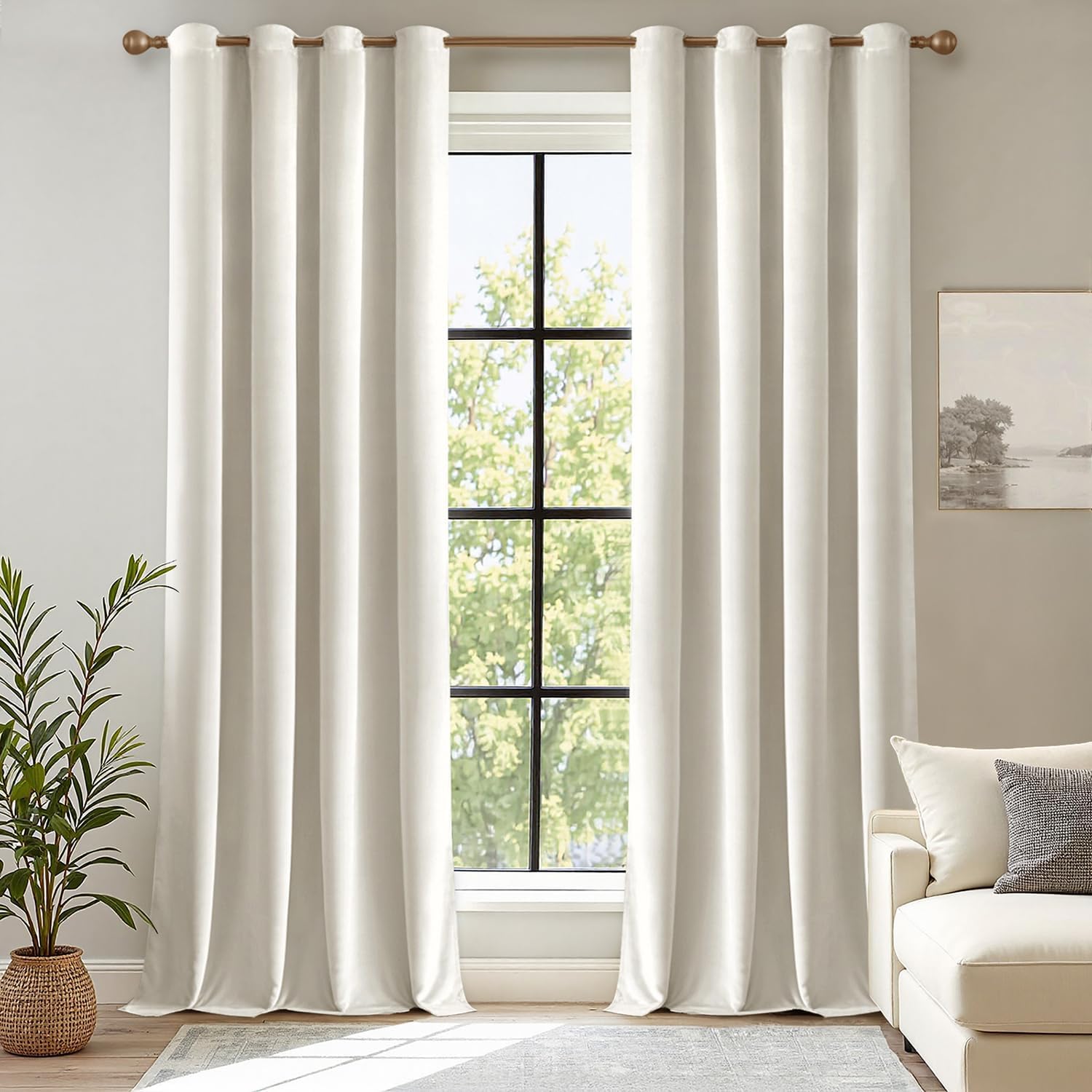 ANRODUO Ivory White Velvet Curtains 108 Inches Long Blackout Thermal Insulated Soundproof Curtain Privacy Room Darkening Curtains Grommet Window Drapes for Bedroom Living Room Set of 2