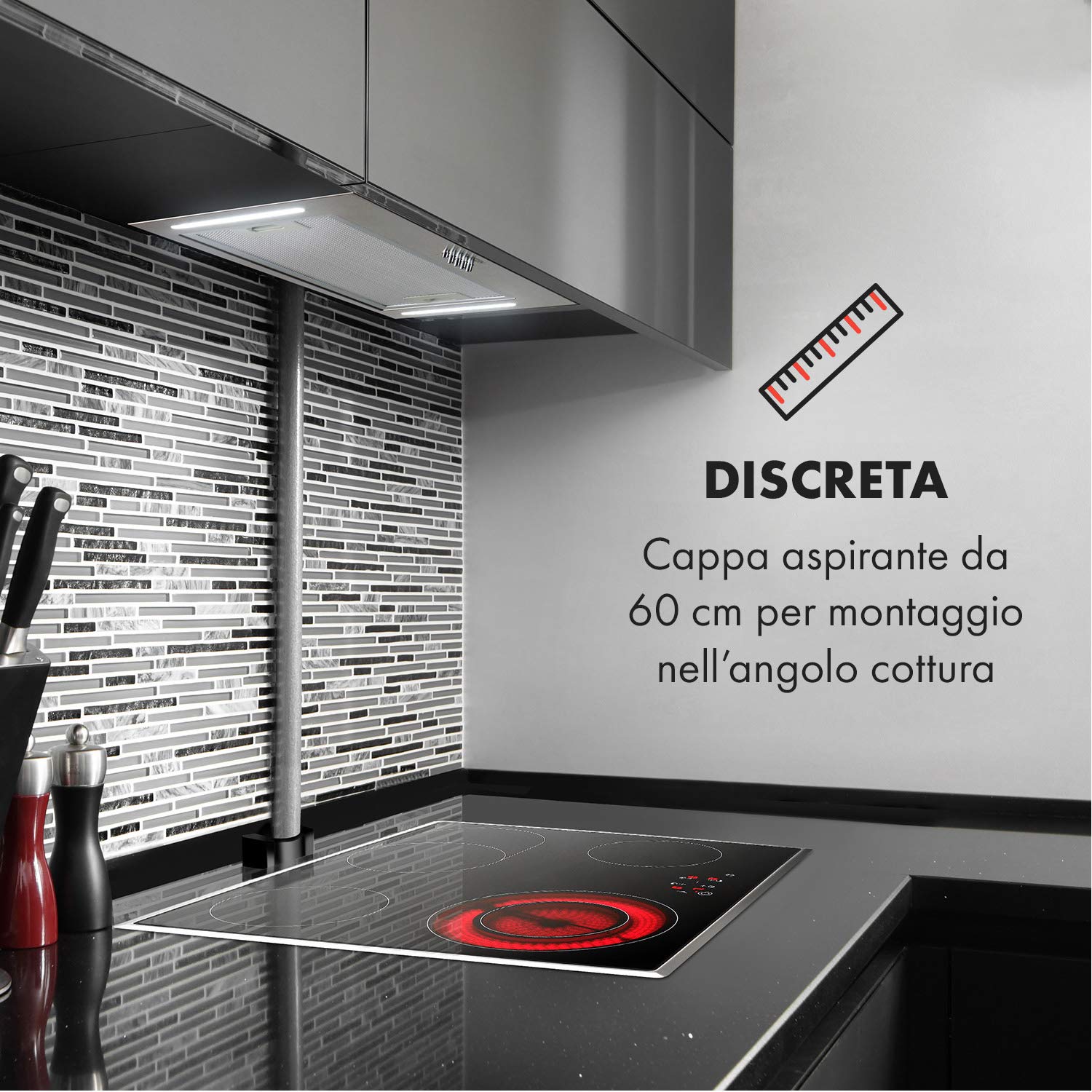 KLARSTEIN Down Under - Cappa Aspirante, Cappa di Aspirazione, Da Incasso, 60 cm, Aria di scarico 590 m³ / h, Potenza: 190 Watt in 3 Fasi, LED, Acciaio Inox, 61 dB, Kit di Montaggio, Argento