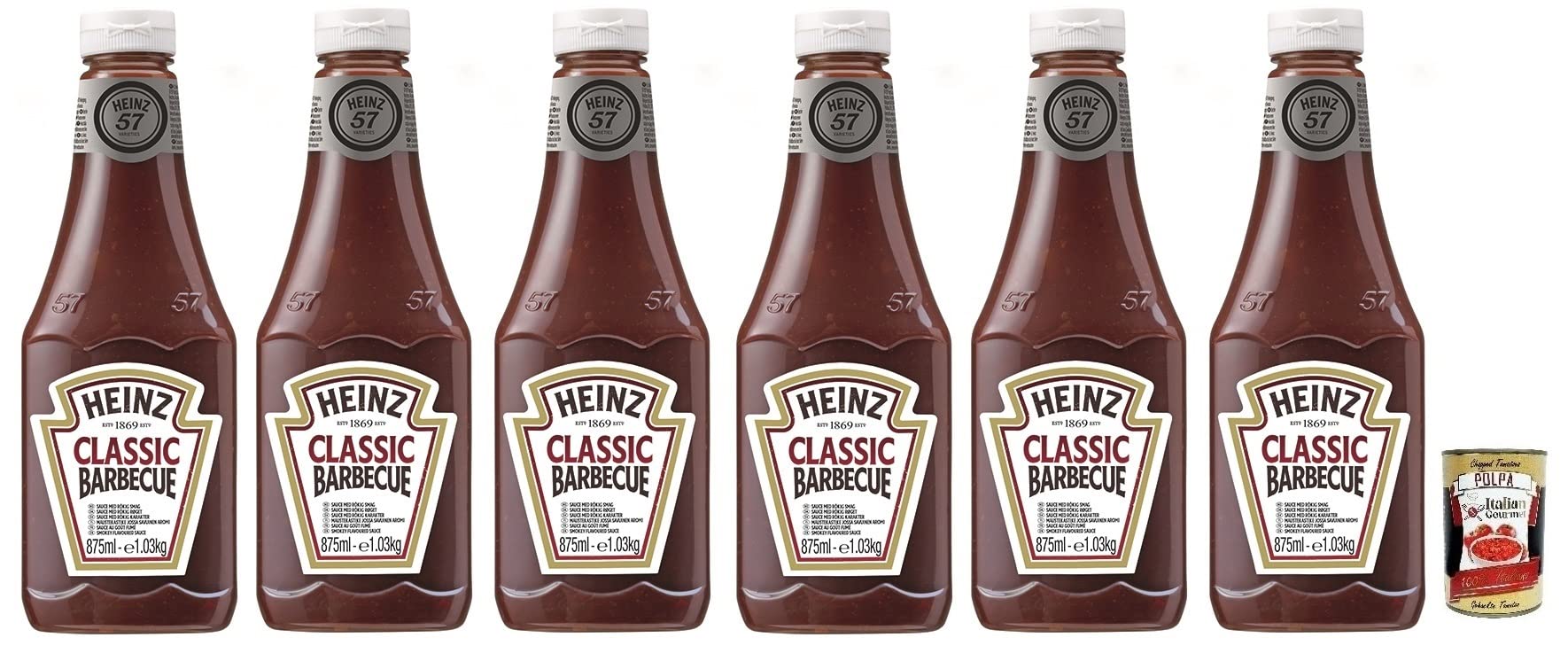 Italian Gourmet Salsa Barbecue BBQ Sauce rauchig Squeeze Flasche 6 x 875ml | Zum Grillen und Marinieren, gusto intenso per carne, burger, costine e, Gesamtnettogewicht 5,25 L + Kostenlos Polpa 400g