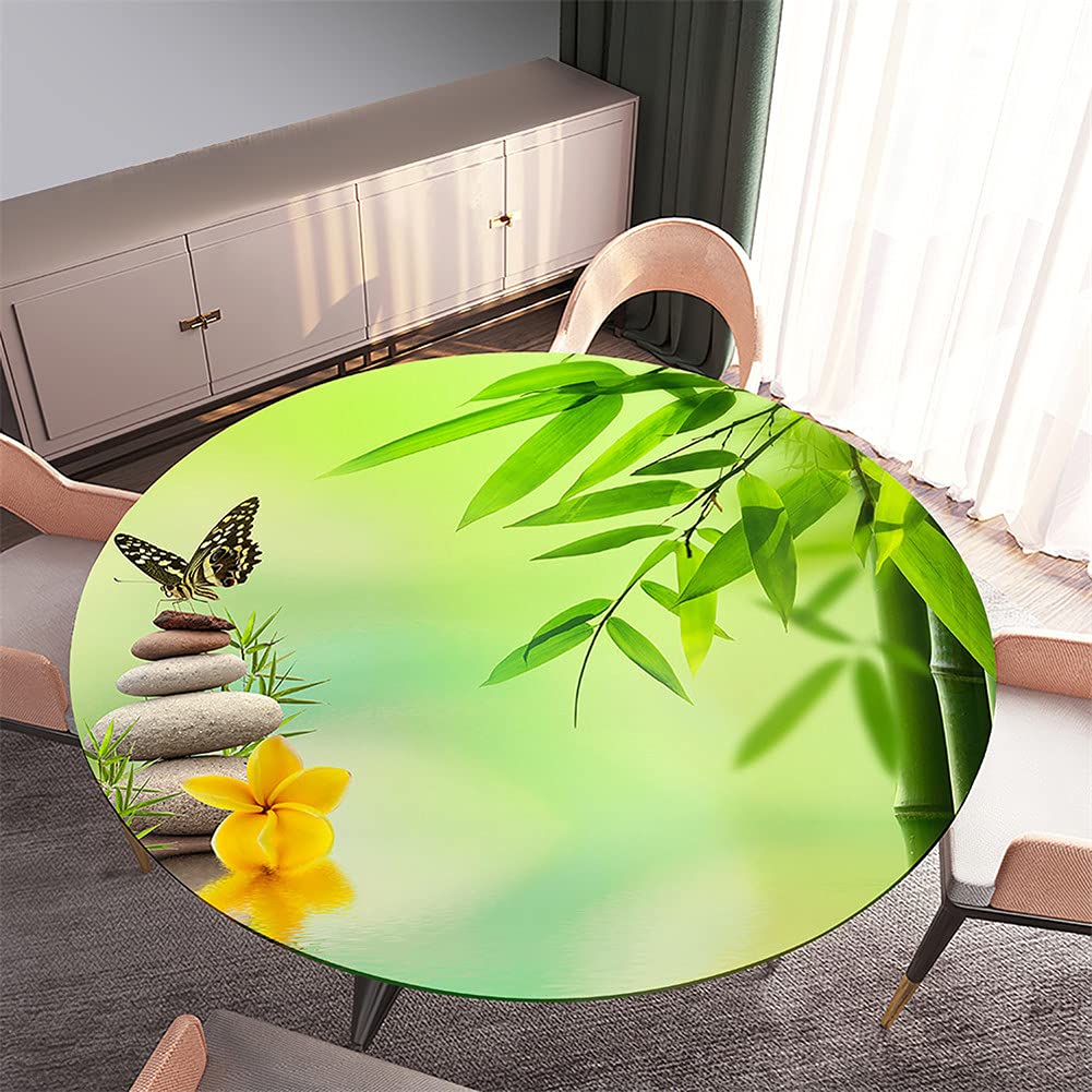 Morbuy Nappe Élastique Table Ronde, 3D Bambou Imprimer Nappes Bord Ajustable Imperméable Anti Taches Nappe Pour Décoration Salle à Manger Cuisine Jardin Fête (Fleurs Jaunes,Diamètre 120cm