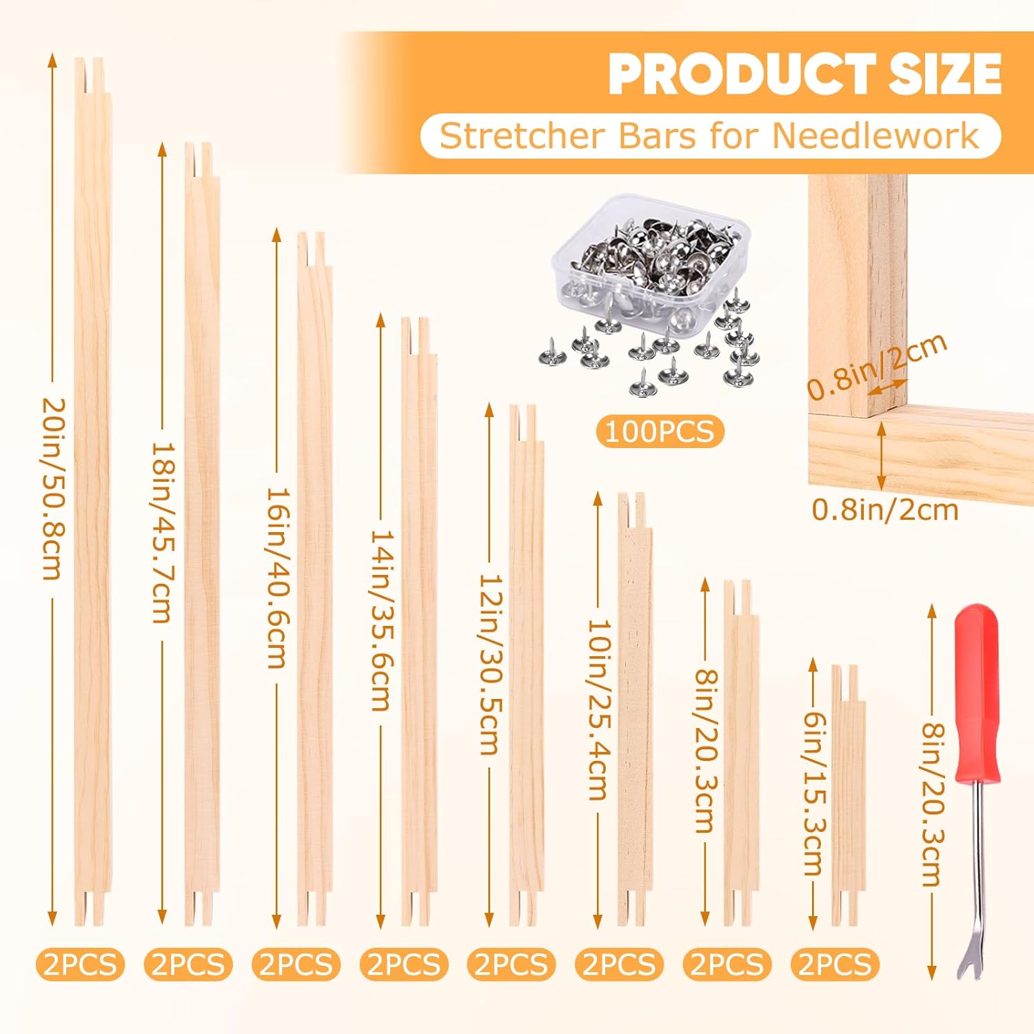 16 Pcs 8 Sets Needlepoint Stretcher Bars for Needlework, 8 Sizes (6 8 10 12 14 16 18 20 Inch), 100 Tacks & Tacks Remover, Wood Canvas Splicing Stretcher Bars for Embroidery Stitch Crafts Art
