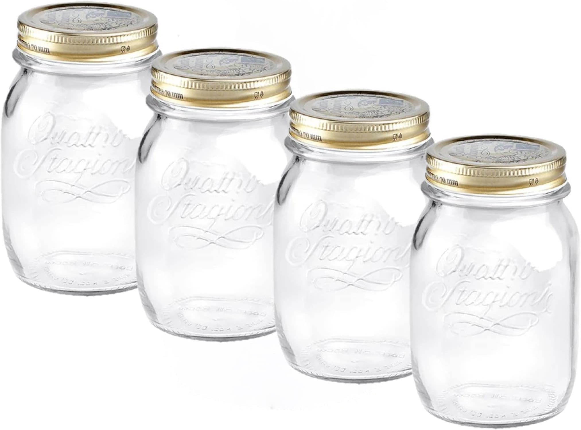 Quattro Stagioni set of 4 Clear Airtight Mason Jars, 17 Oz. Made from BPA Free Durable Glass, Made In Italy.