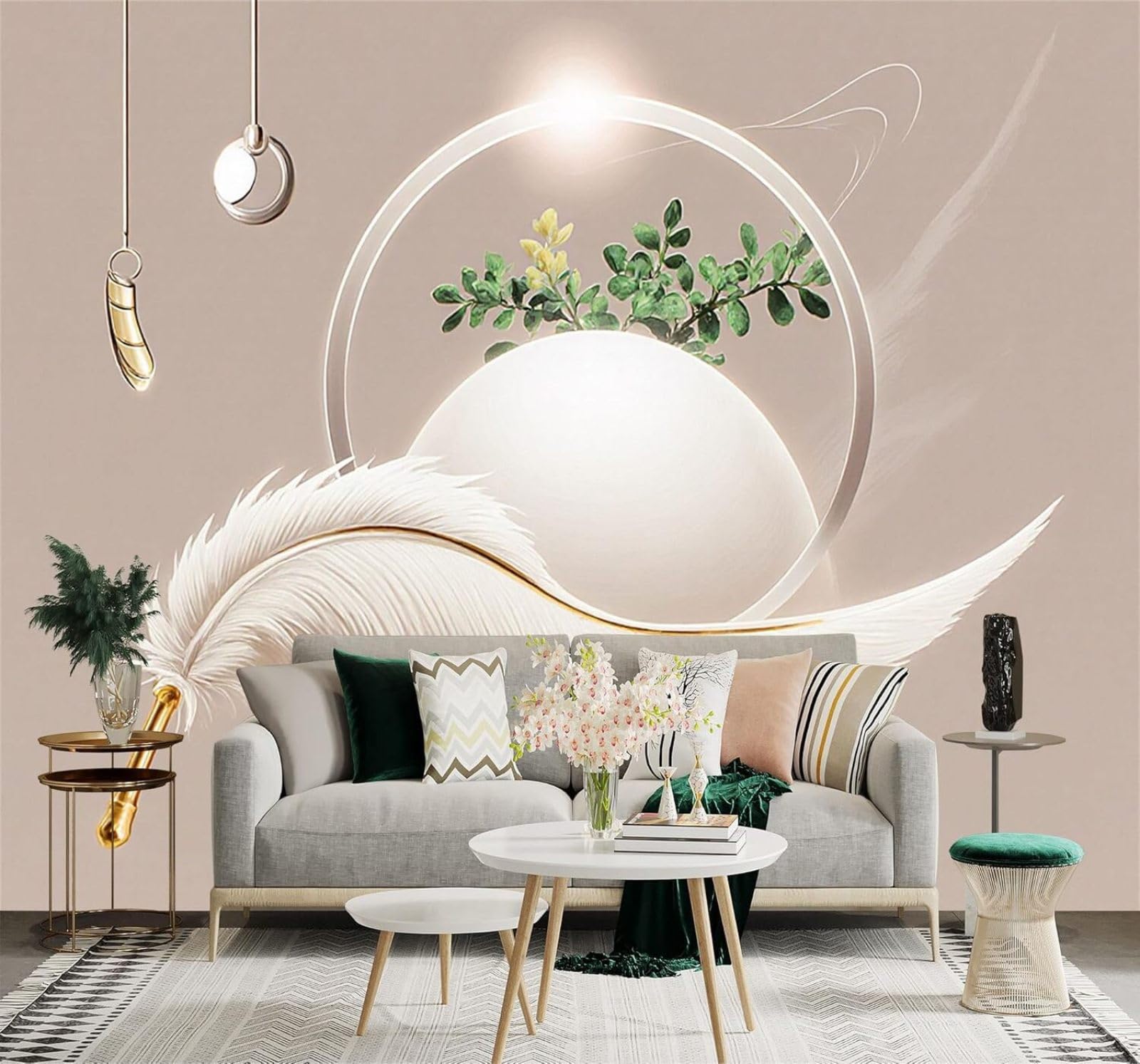 3D Papel Pintado Minimalista Plumas Blancas Círculos Geométricos Hojas
