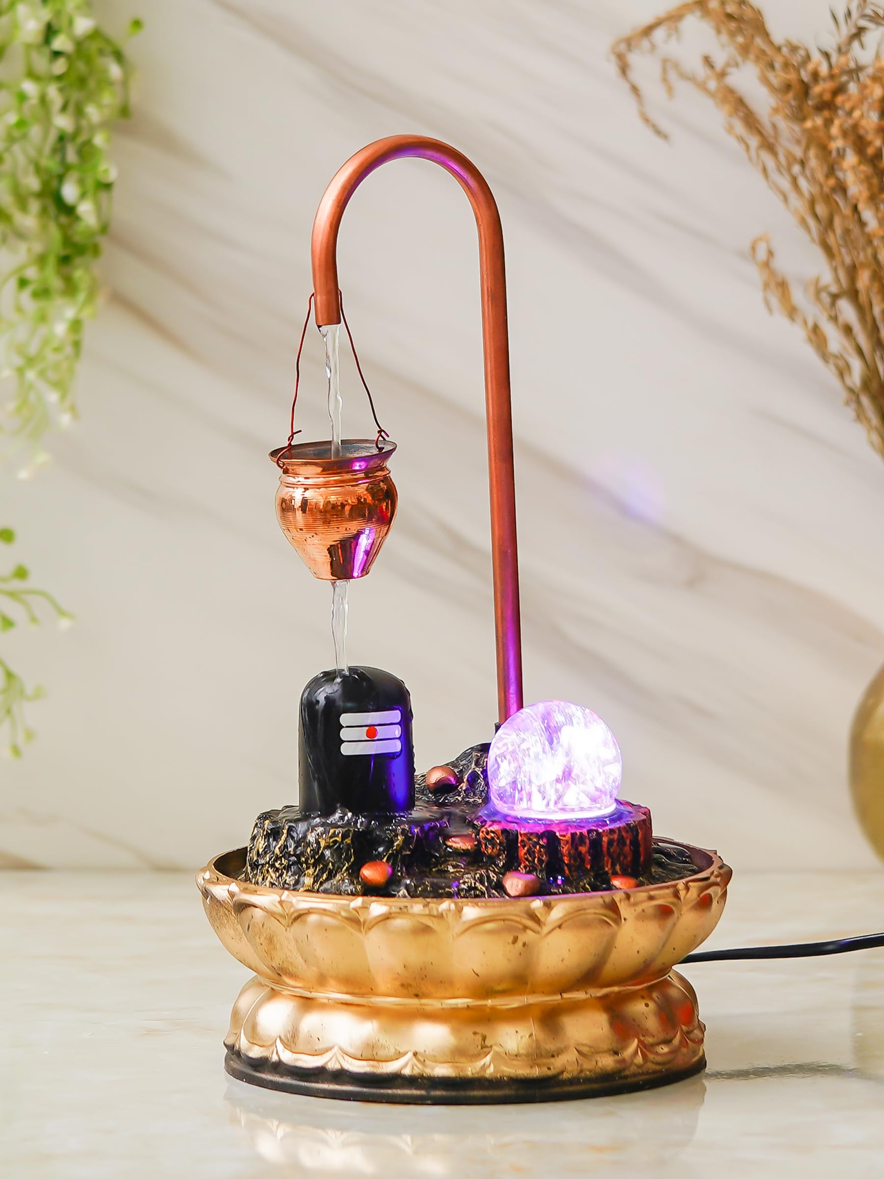 CHRONIKLE Metal Decorative Shivling Tabletop Water Fountain with LED Crystal Ball (19.5 x 19.5 x 34.5 CM : Copper Color | Weight - 720 Gram)