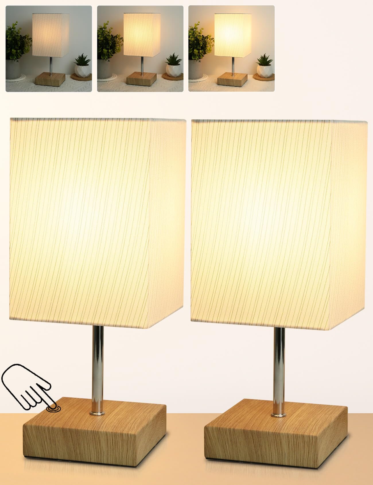HSLighting Bedside Lamps, 2 Pack Touch Control Table Lamp 3-Way Brightness Dimmable Square Small Lamp with Base LED Desk Lamp Minimalist Nightstand for Bedroom Living Room Gift, Bulb Included