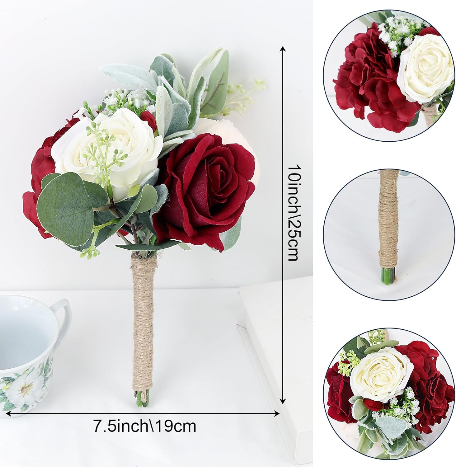 Artificial Flowers Bridesmaids Bouquets Set of 6 - Burgundy and White Bridesmaid Bouquet Handmade Small Silk Rose Floral Bouquet for Wedding Bridal Shower Anniversary Marriage Proposal -7 Inch - Image 4