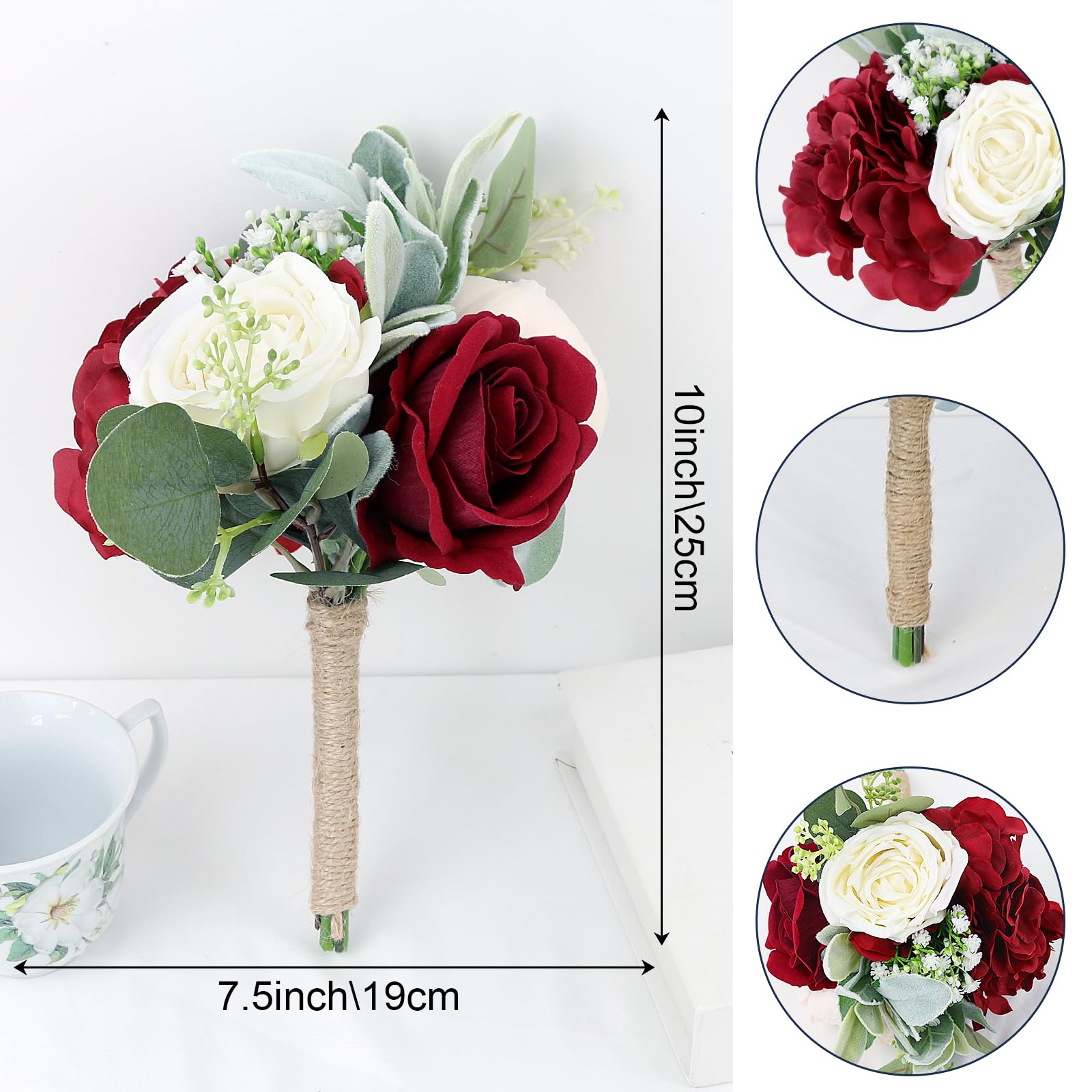 Bukiet sztucznych kwiatów dla druhen – zestaw 6 bukietów druhen 18 cm, bordowe i białe, ręcznie robione jedwabne róże, na ślub, wieczór panieński, rocznicę, oświadczyny, dekoracja stołu