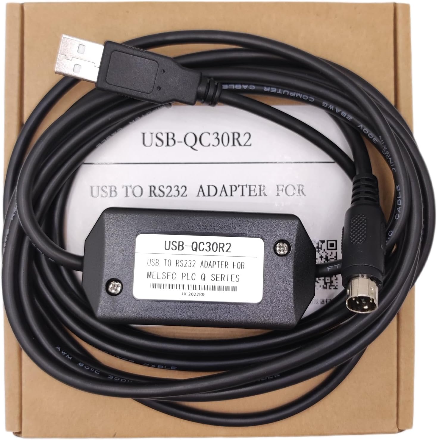 USB Programming Cable for Mitsubishi PLC Q Series, for USB-QC30R2 Replacement, Adaptive Baud Rate, 6 FT.