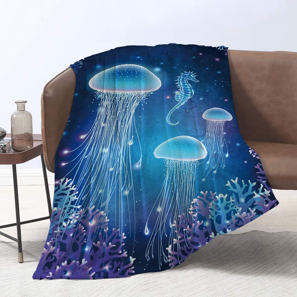 Yunine Undersea Blanket, Magic Glowing Jellyfish Underwater Home Decor Blanket Soft Warm Blankets for Bed Couch Sofa Lightweight Travelling Camping 60 x 80 Inch Throw Size for Kids Boys Women