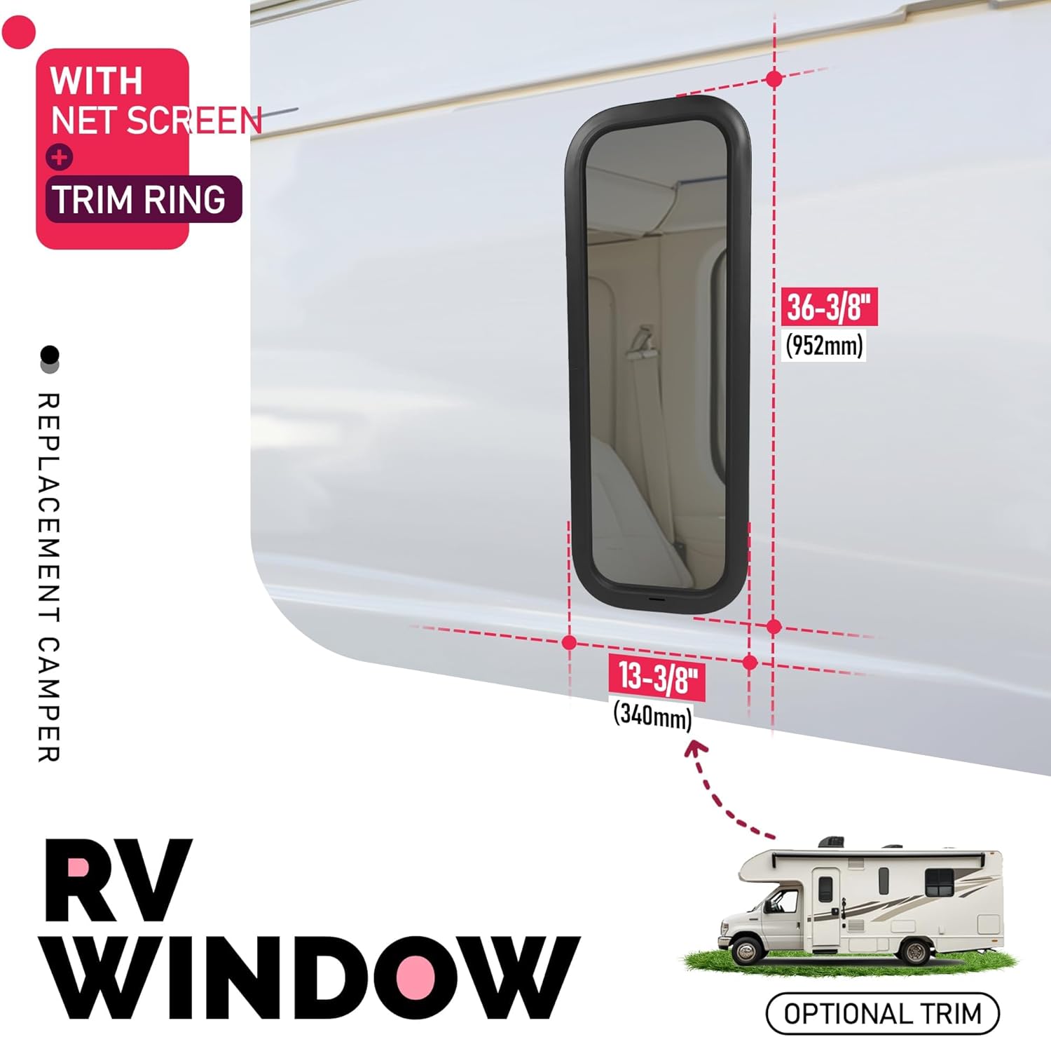 12" W x 35" H RV Entry Entrance Door Window w/Trim Ring Compatible with Universal RV Parts Dark Glass Aluminium+Tempered Glass+Plastic+Rubber Powder Coated