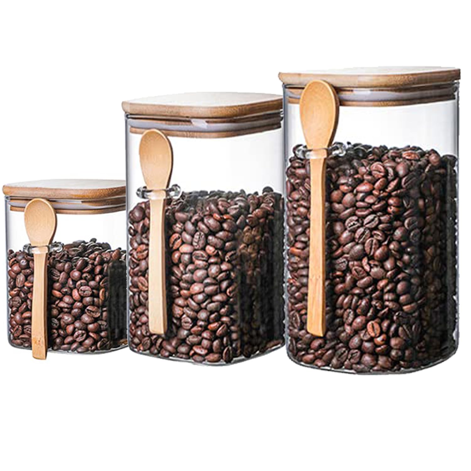 YISPIRIN Square Glass Sealed Storage Jar with Wooden Spoon Coffee Beans Box Large Capacity Food Container Transparent Grain Cereals Tank (1000ml+1200ml+1500ml)