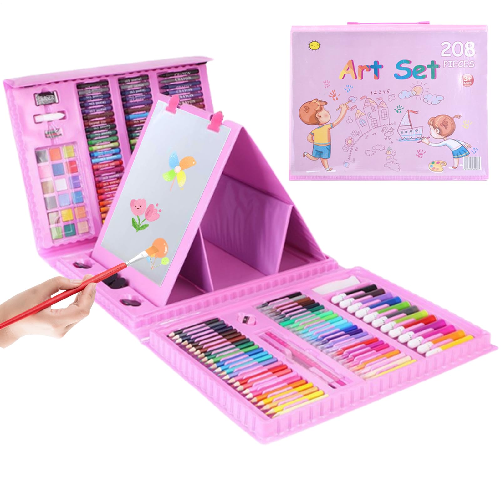 Pastelli per Bambini 208 Pezzi Kit di Pittura Portatile | Set di Disegno per l'Infanzia Per Viaggi Casa Auto Scrivania Esterno Asilo Scuola Compleanno Festa