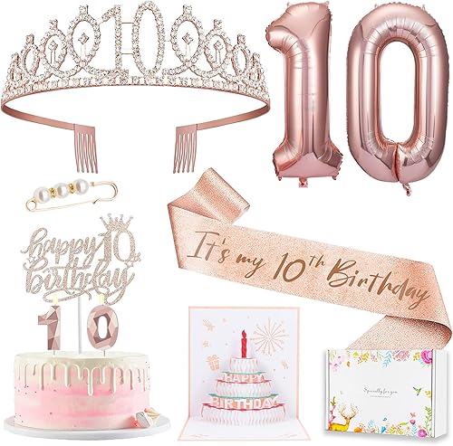 8 decoraciones de cumpleaños número 10 para niñas, incluye adorno para pastel de cumpleaños de 10, banda de reina de cumpleaños con alfiler de