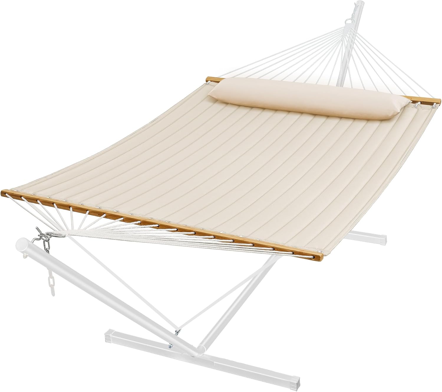 SUPERJARE Hammock with Stand, 2 Person Quilted Outdoor Hammock, Detachable Pillow & Bamboo Spreaders, Portable Hammock with Carrying Bag, Heavy Duty Stand, Perfect for Outside, Patio, Cream Beige