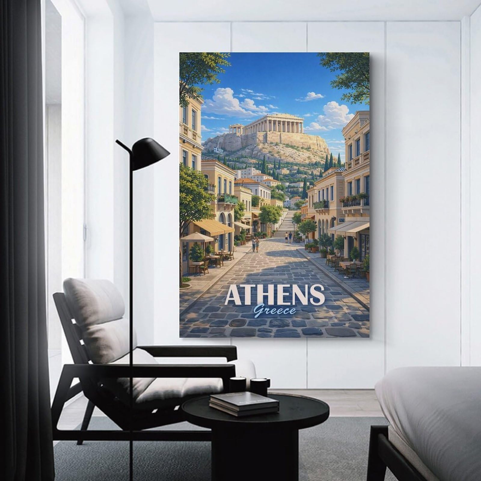 Junmoney Wall Art Print Athens Greece Acropolis Street View, 20x30inch(50x75cm), for Study, Office Or Focused Interiors, Decorative Artwork for Productive Spaces