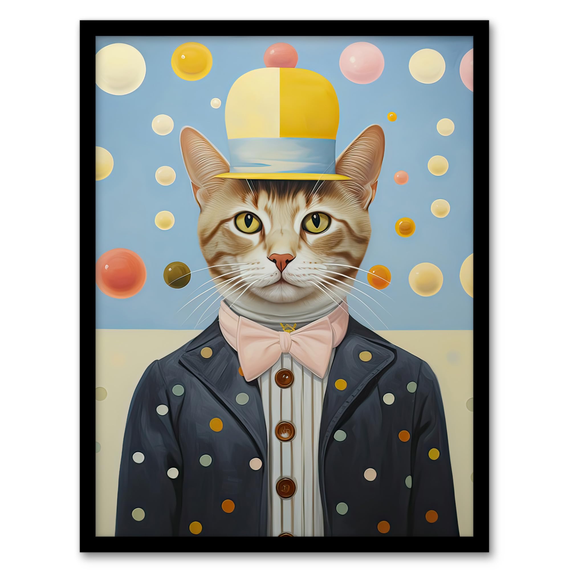 Artery8 Polka Dot Cat Surreal Oil Painting Quirky Pet Portrait with Hat and Bow Tie Kids Bedroom Artwork Framed Wall Art Print 18X24 Inch