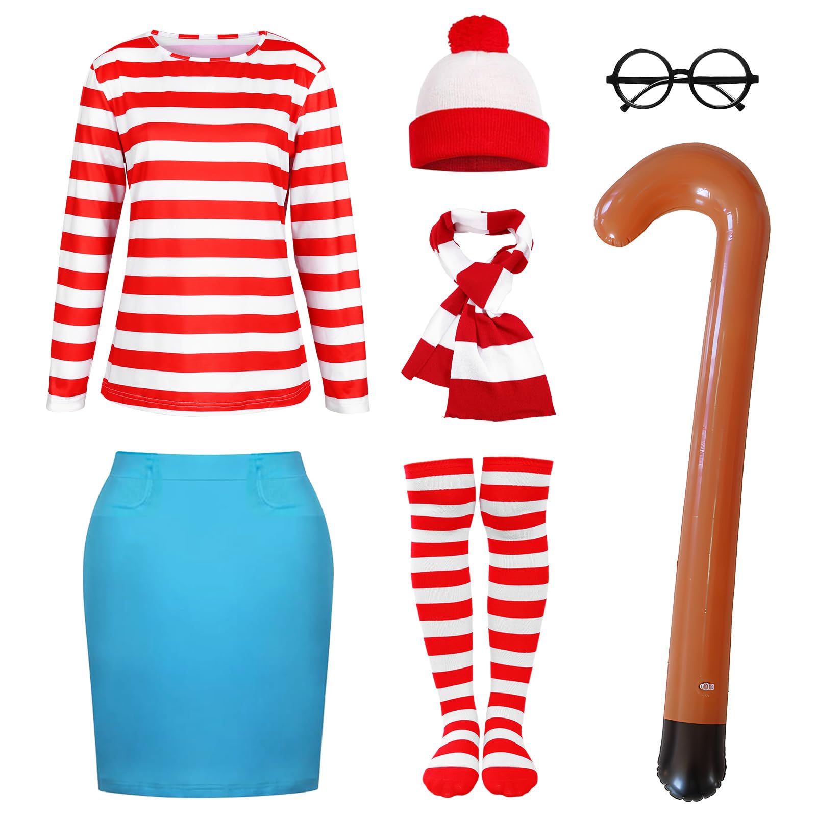 Suffolly Red and White Striped T Shirt Set for Adult 5PCS Wally Costume Hat T-shirt Cane Scarf Glasses Costume Set 90s 80s Fancy Dress Halloween Costumes for Men Women (Women-B - Image 2