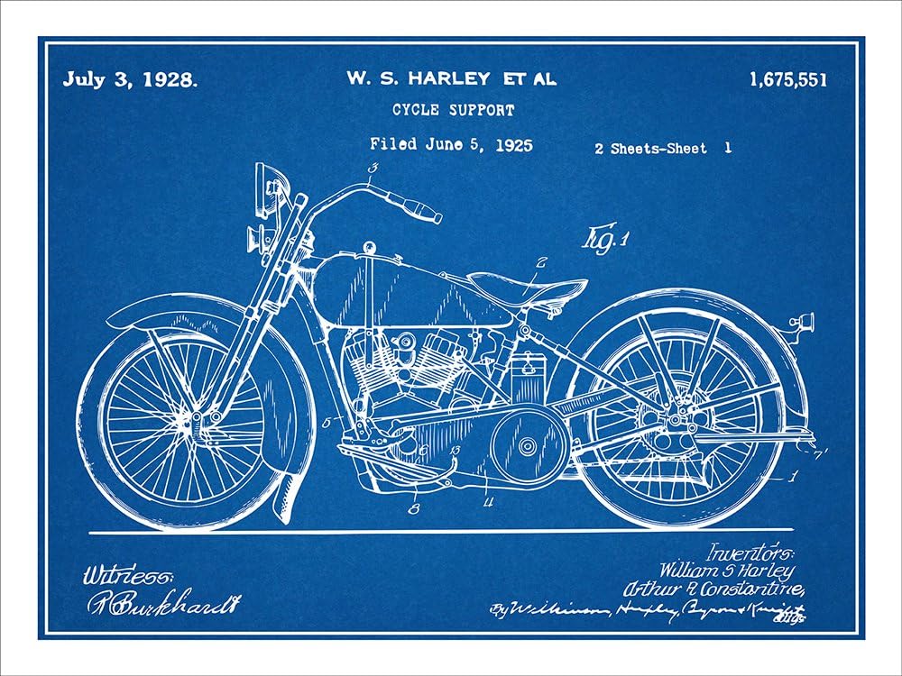 Studio 21 Graphix 1928 Harley Davidson Motorcycle Patent Print Art Poster UNFRAMED Blueprint 18" X 24"