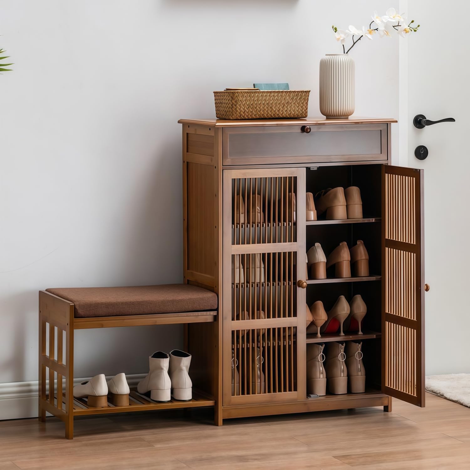 Shoe Cabinet with Bench, Bamboo Entryway Storage Organizer with Doors & Drawers, Modern Shoe Rack for Entryway, Bedroom (Walnut,25.5" L*13.7" W*38.9" H)