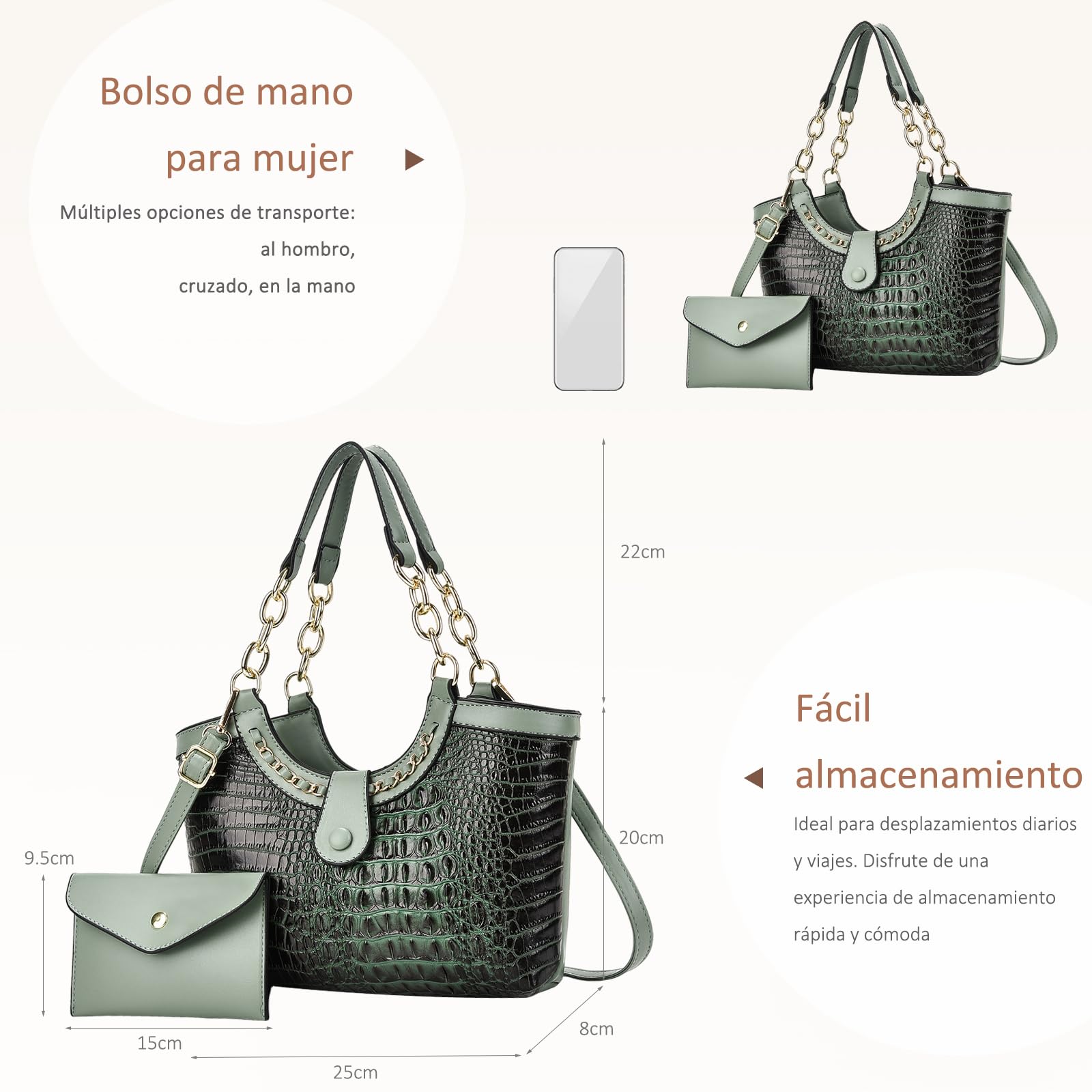 NICOLE & DORIS Set Bolso Mujer Bolsos de Cocodrilo Bolso de Mano con Monedero Bolso Bandolera Cuero PU Bolso de Hombro para Viajes Compras Trabajo Verde