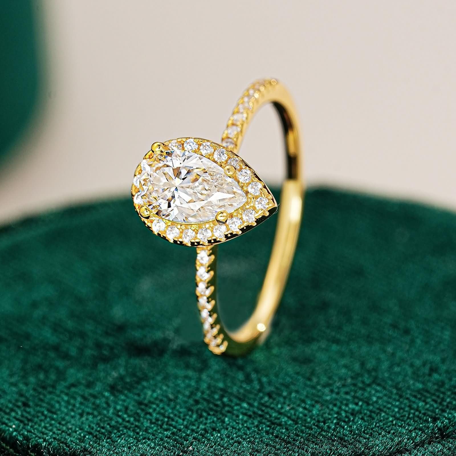 Anillo de oro auténtico para mujer, con forma de gota de 1 ct, moissanite, anillos de compromiso, halo, oro amarillo, anillo de banda para mujer