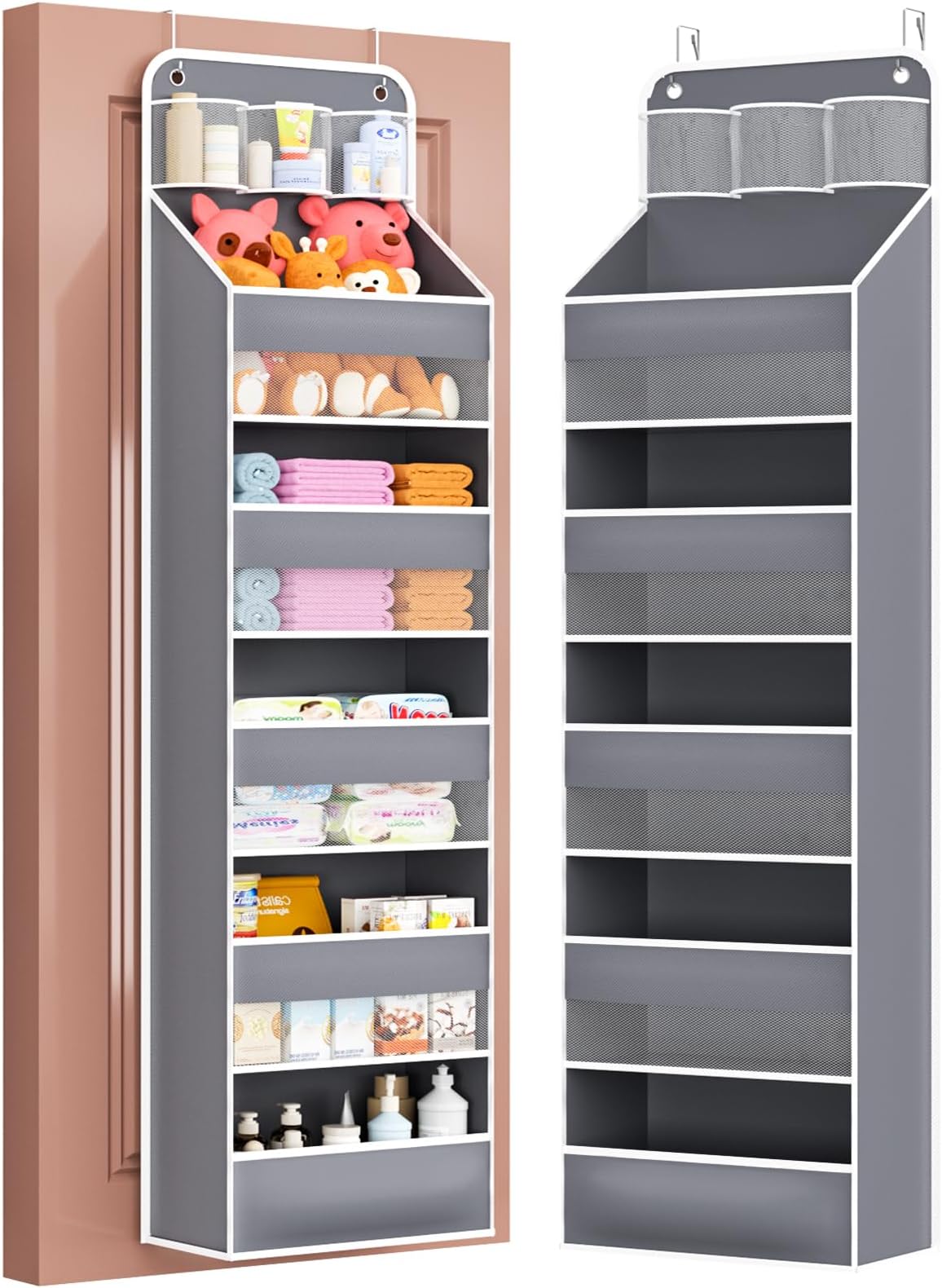 Over Door Organizer for Bedroom,Nursery,Bathroom,Dorm,Pantry, Closet - 5 Tier 44 lb Load Behind Door Storage, Back of Door Hanging Holder Bag - 1 Pack,Grey