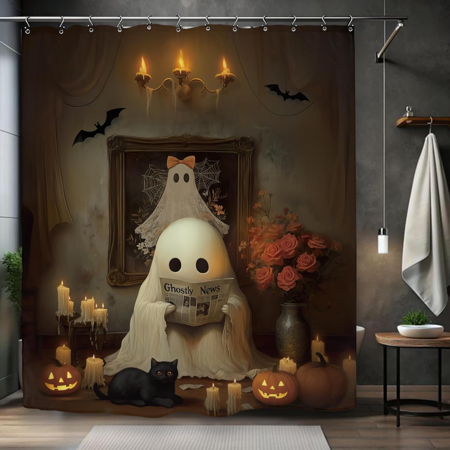 Divertida cortina de ducha de fantasmas de Halloween, 60 pulgadas de ancho x 72 pulgadas de largo, bonita decoración gótica de terror, espeluznante