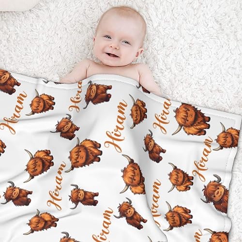 Miniatura 2 de Manta de bebé personalizada de vaca de las tierras altas para niños y niñas, manta de bebé personalizada con nombre, manta suave para niños