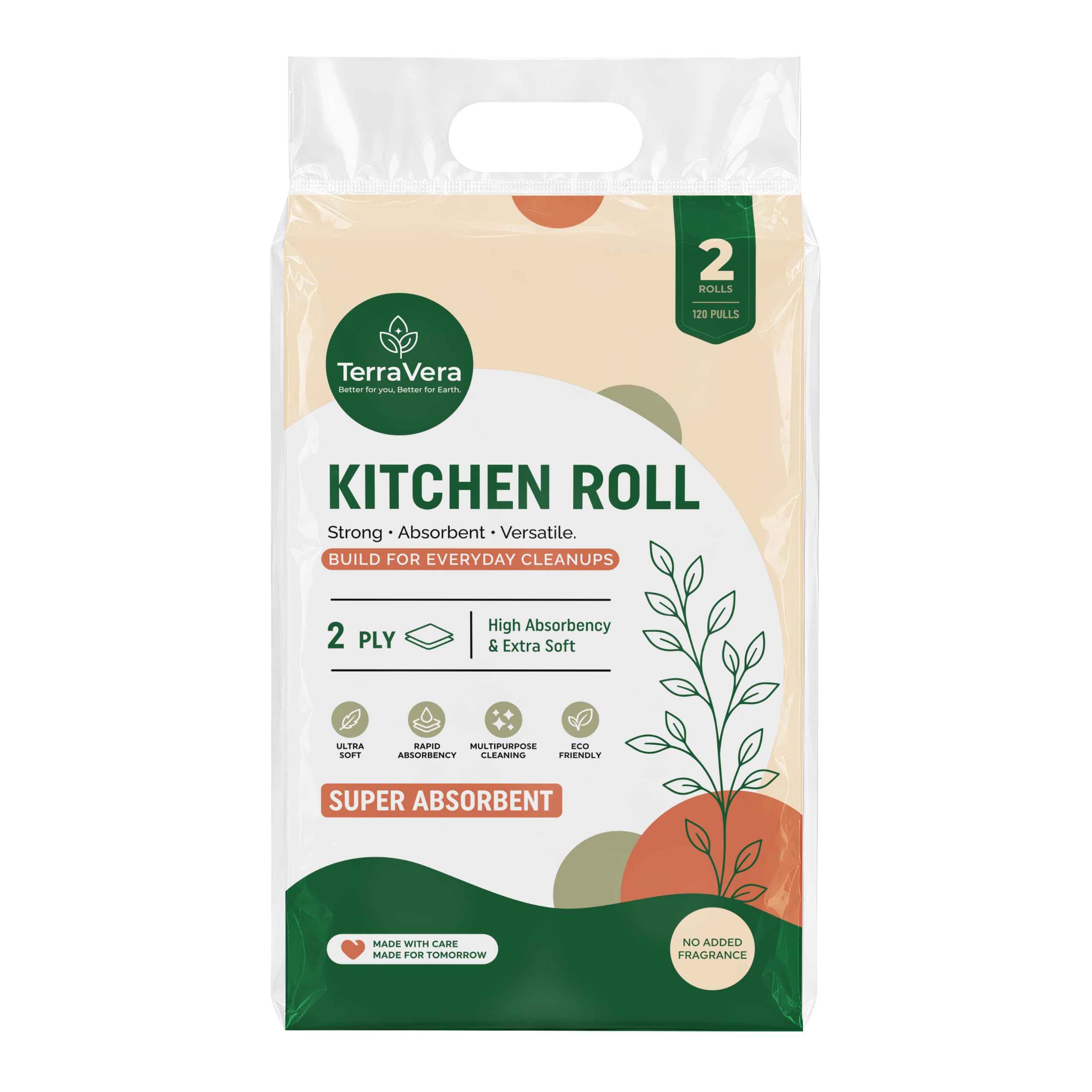 Kitchen Roll, 2 Ply, Pack of 2 Rolls, 120 Pulls/Roll (240 Pulls) | Super Absorbent, Ultra Soft Touch, Multipurpose Cleaning, No Added Fragrance, Food Contact Safe-image-41