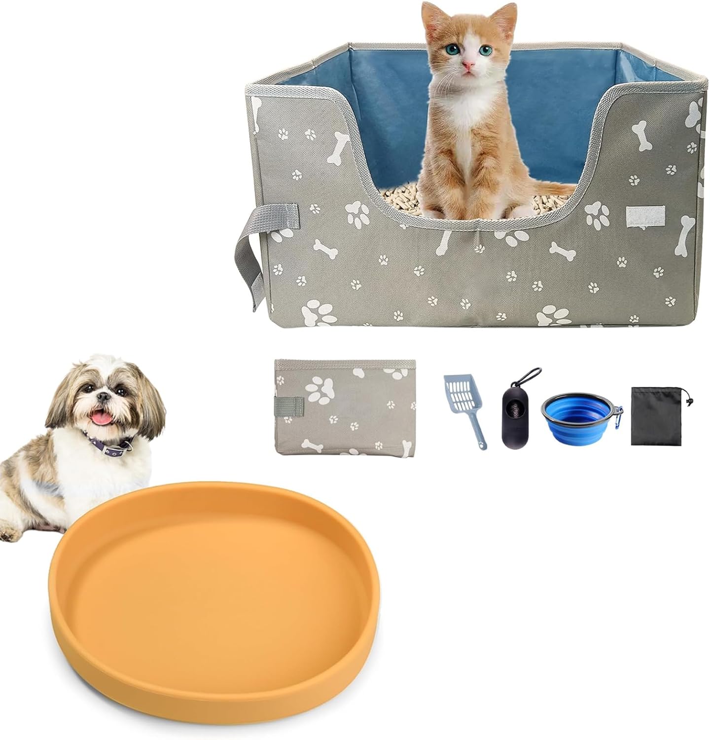 BNOSDM High Sided Travel Cat Litter Box and Yellow Cat Bowl