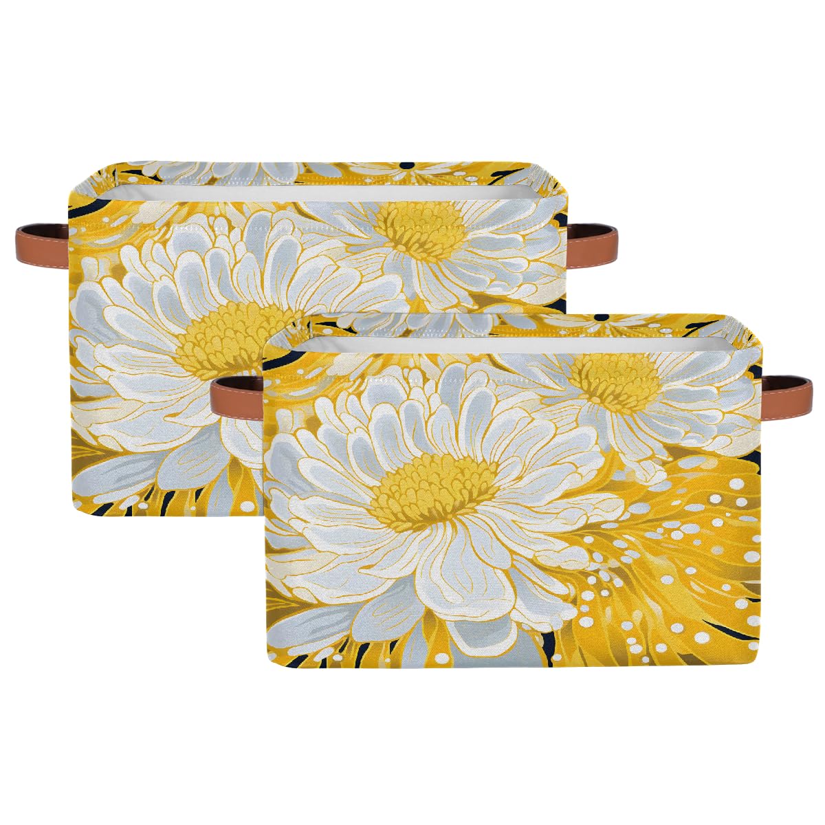 Mexpekil Cesta de almacenamiento blanca de crisantemo amarillo, caja de almacenamiento de juguetes para niños, plegable, organizador de tela para estantes, cesta de regalo grande con asas, 2 piezas