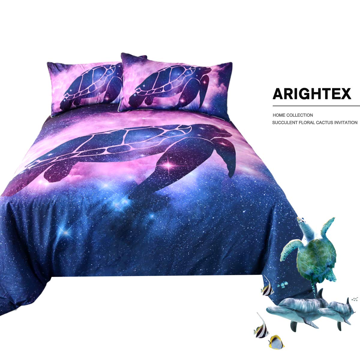 ARIGHTEX Trippy Space Turtle Bed Set Sparkly Space Duvet Cover Set 3 Pieces Purple Blue Galaxy Bedding King Size