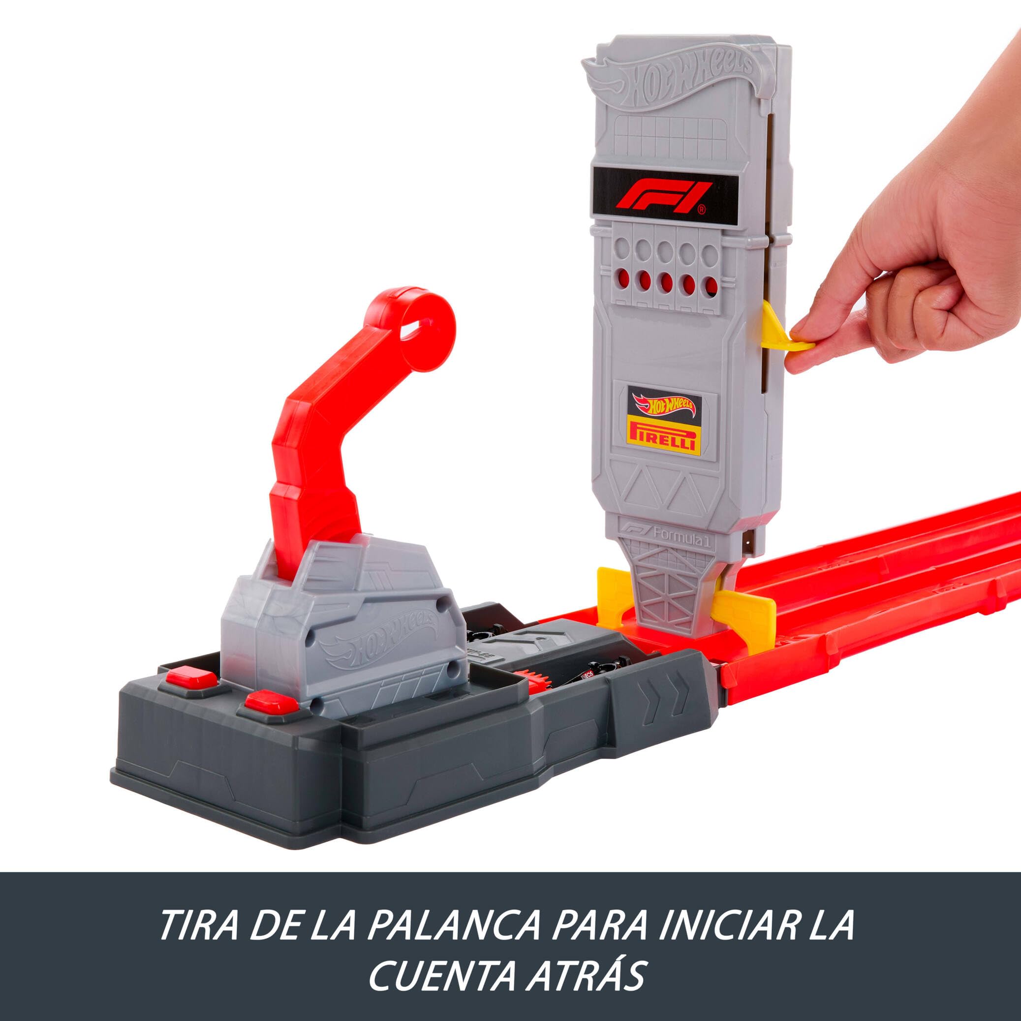 Hot Wheels Racing Fórmula1 Línea de Salida, Conjunto de Pista y Coche de Juguete, Pista Doble con 2coches metálicos a Escala 1:64 con Licencia Oficial de F1, JKM88