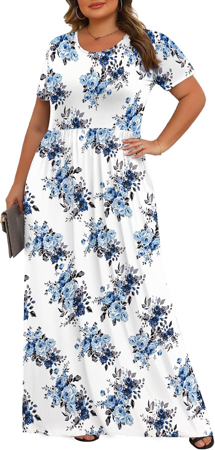 Tencede Womens Plus Size Maxi Dresses Summer 2026 Casual Short Sleeve with Pockets Long Dress 1X-5X