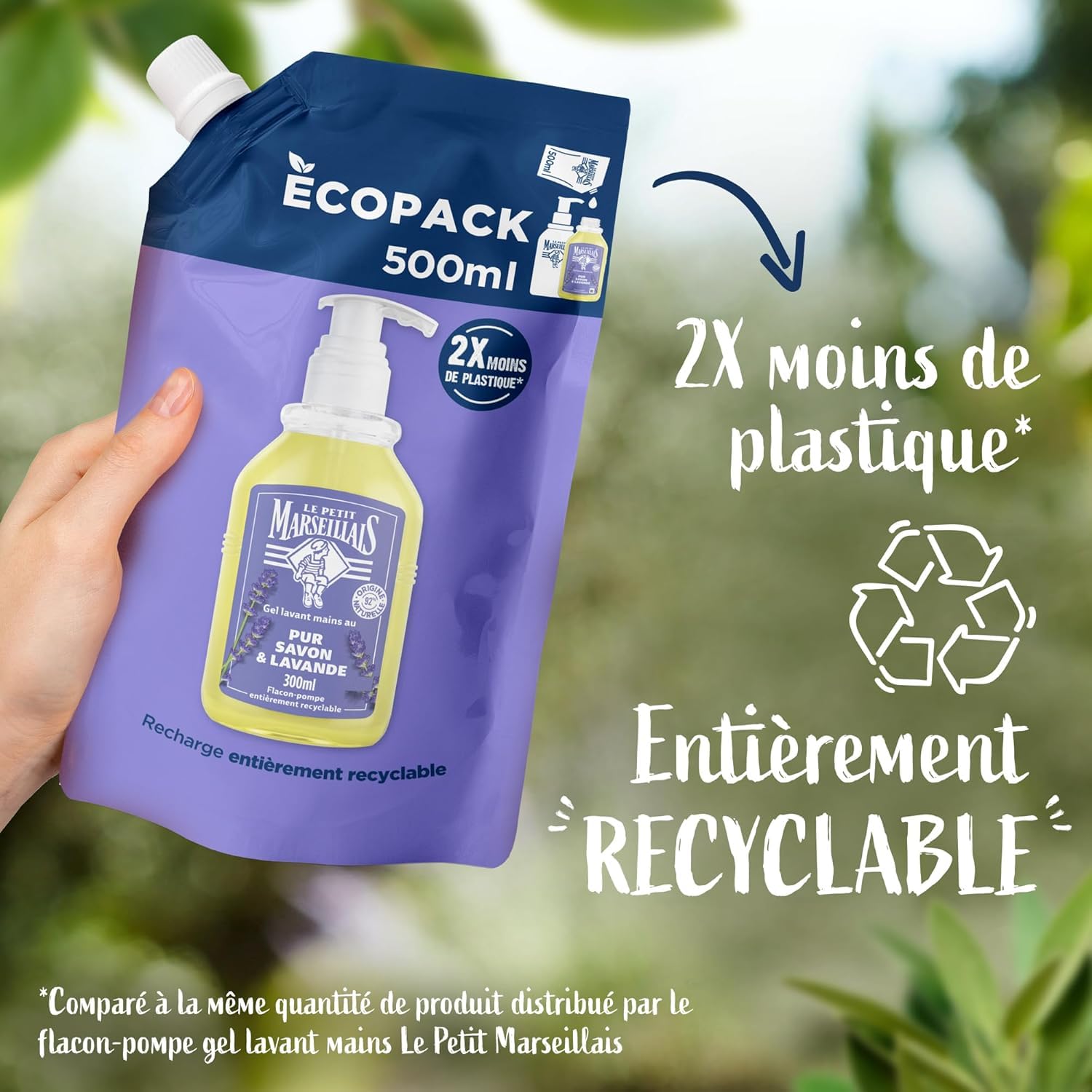 Le Petit Marseillais – Recharge Gel Lavant Mains Pur Savon & Lavande (écopack de 500 ml) – Recharge savon liquide pour flacon-pompe – Savon mains à l’huile essentielle de lavande