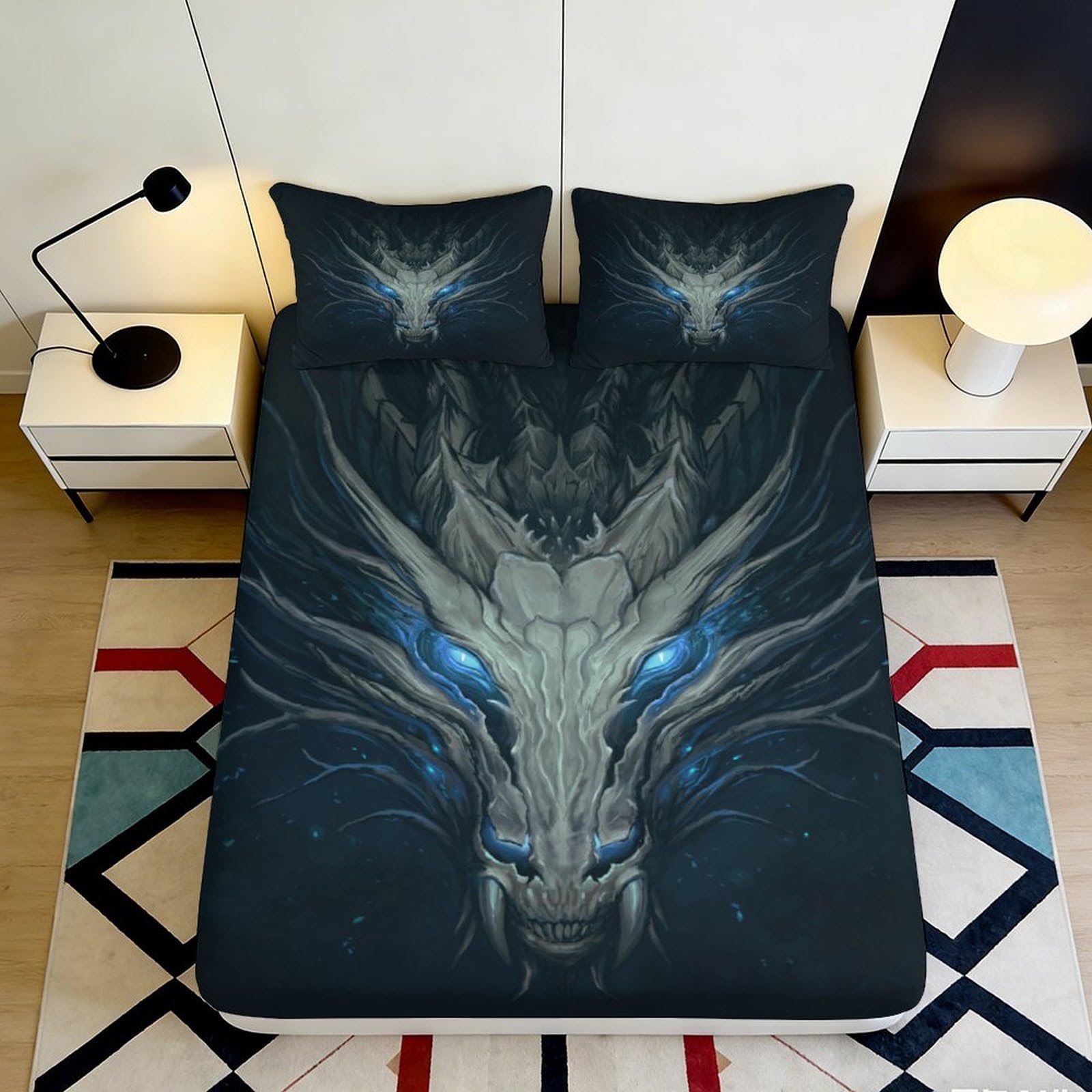 Decorative dragon motif Fitted Sheet, 3D Printed, soft touch Microfiber, wrinkle resistant, guest room bedding, easy care, stylish accent 90x200x25cm