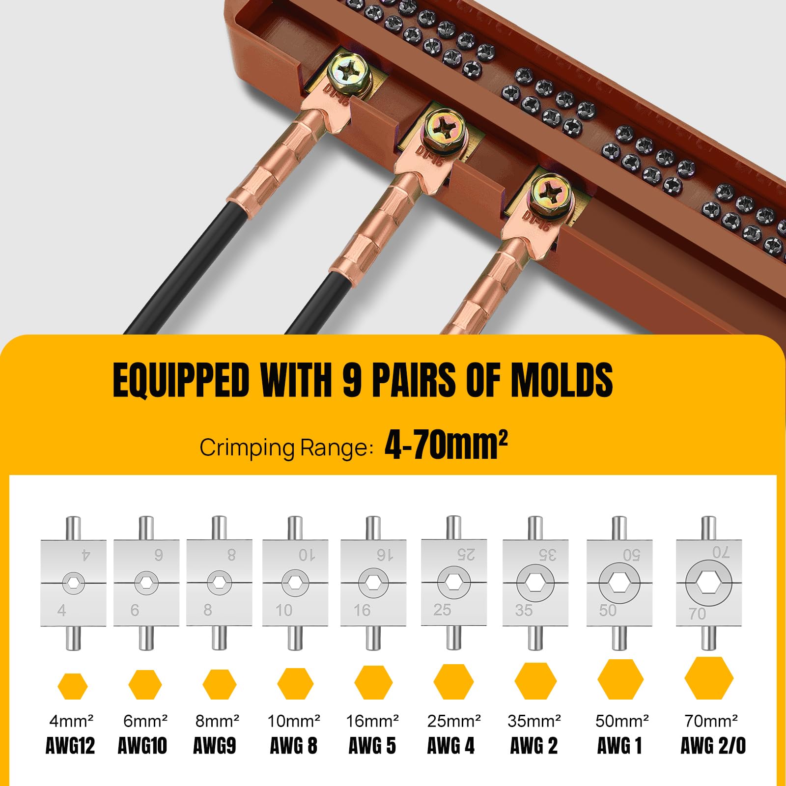 Pince à sertir hydraulique pour câble de batterie 9 matrices 4-70 mm² 100 KN Outil de sertissage hydraulique 9 matrices pour cosses de câble en cuivre et aluminium